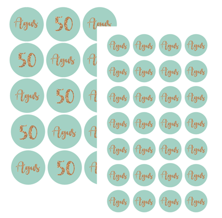 Stickers plancha aqua y oro redondas (40u)